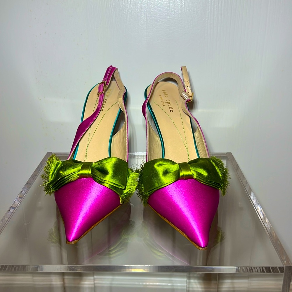 Kate Spade Gimlet Satin Slingback in Fuchsia and Green-Sz 8 1/2-Like New w Box